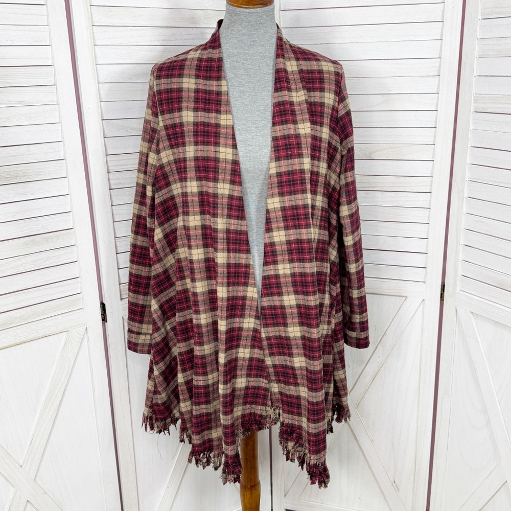 Easel Plaid Cardigan Jacket Women Small Red Tan Fringe Hem Open Front Shacket